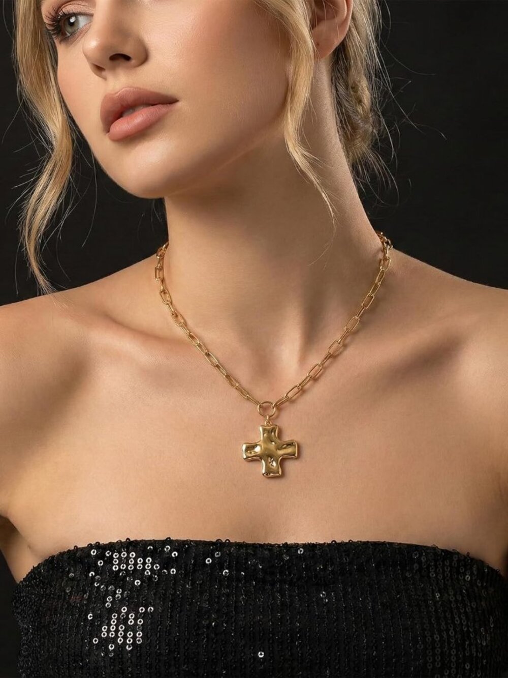 Chunky Gold Cross Necklace for Women 18k Gold Plated Stainless Steel Hammered Cr - Picture 2 of 7